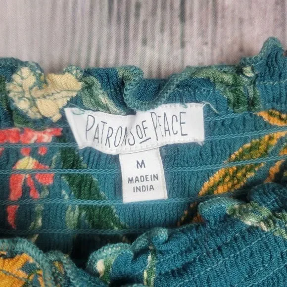 Patrons Off Peace Smocked Off Shoulder Dress Green Floral Size Medium - Picture 7 of 8